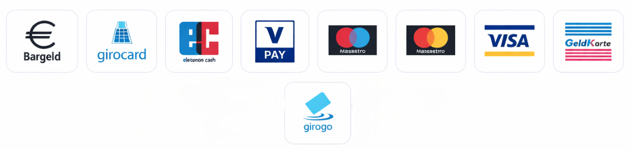 Akzeptierte Zahlungsmethoden: Bargeld, girocard, EC, V Pay, Maestro, Mastercard, Visa, GeldKarte, girogo